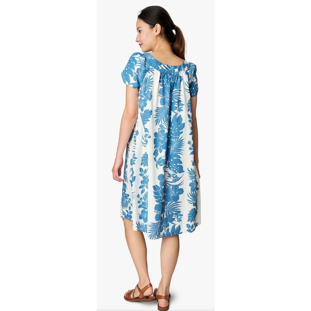 Royal Creations‎ Hibiscus Palm Panel Blue Tulip Sleeve Midi Dress Size Large